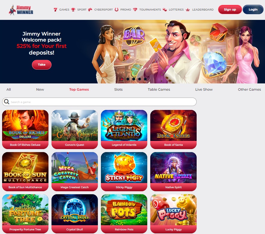 Features of JimmyWinner casino.