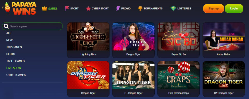 PapayaWins casino live dealer.