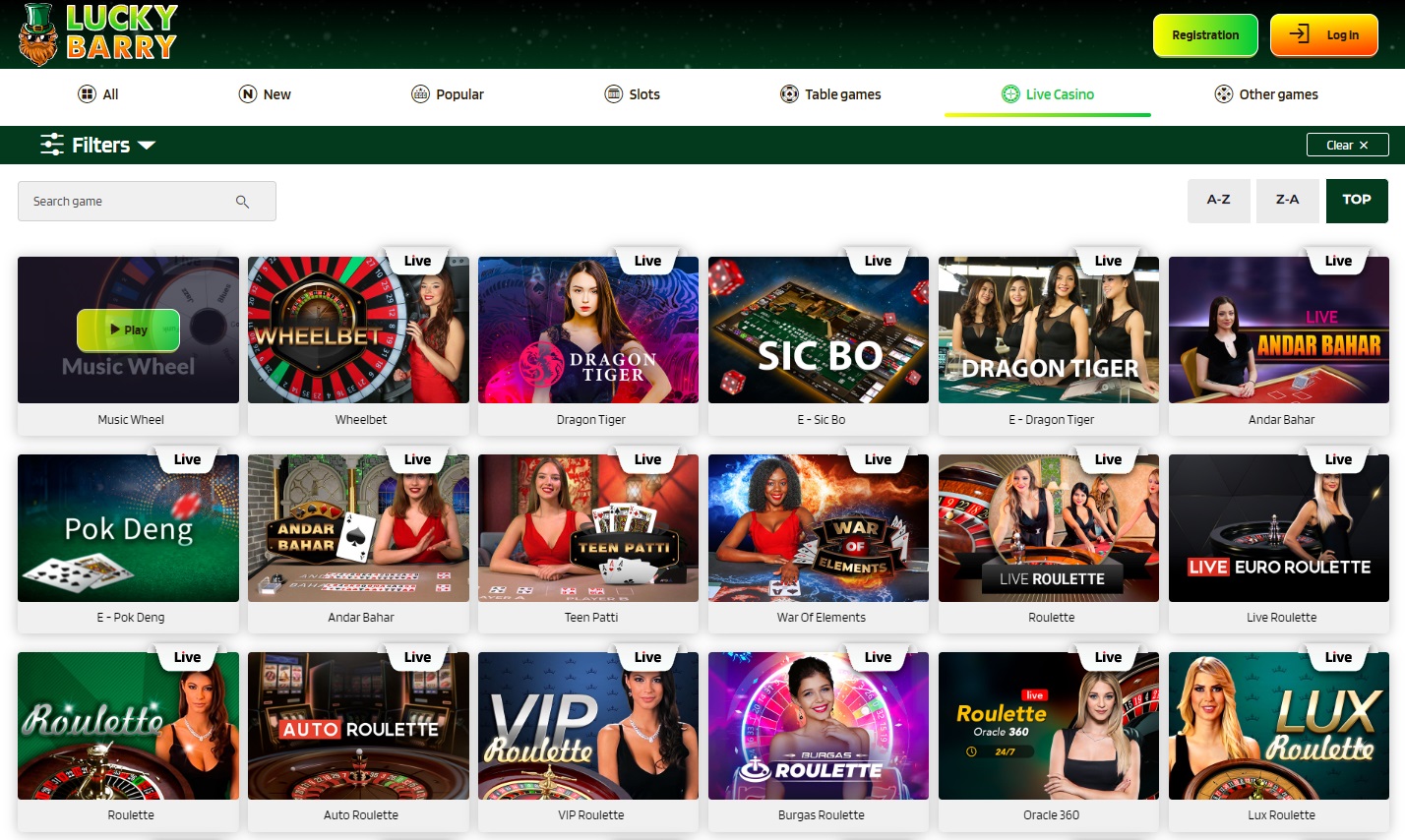 LuckyBarry live casino section.