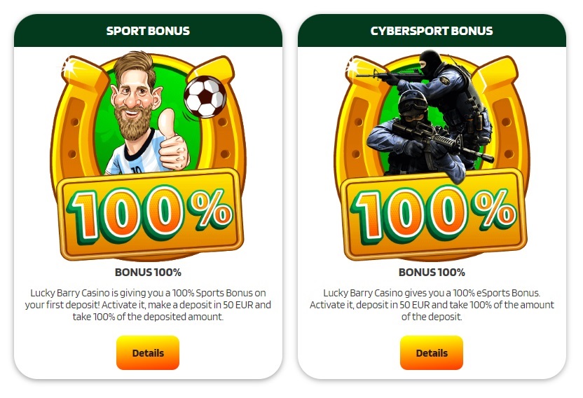 Sport bonus and cybersport bonus of LuckyBarry casino.