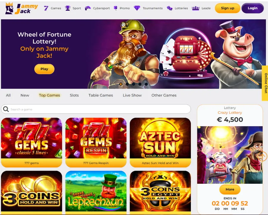 Jammy Jack casino main page.