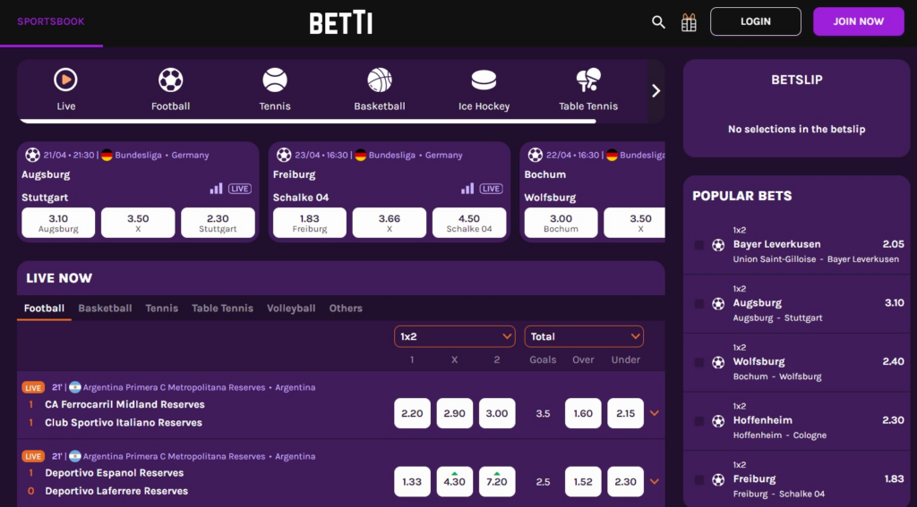 Betting section at Betti Casino