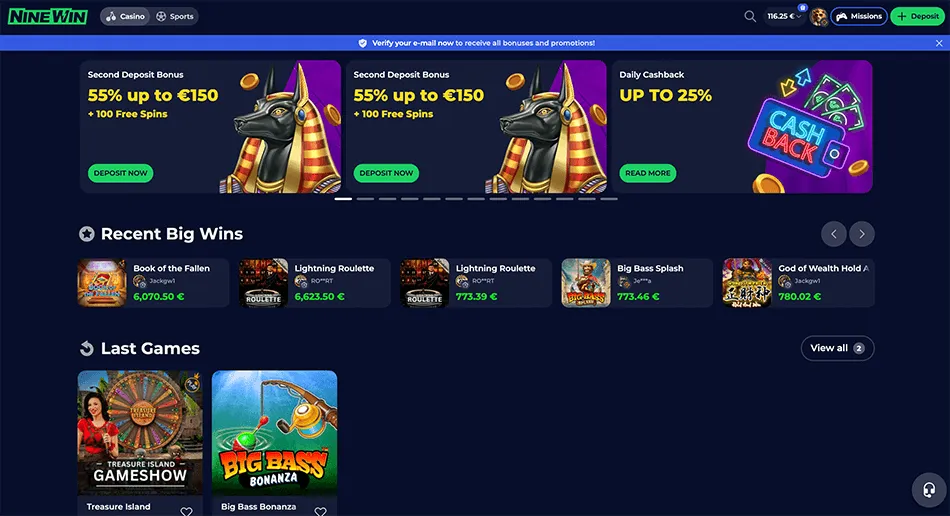 NineWin Casino page screen