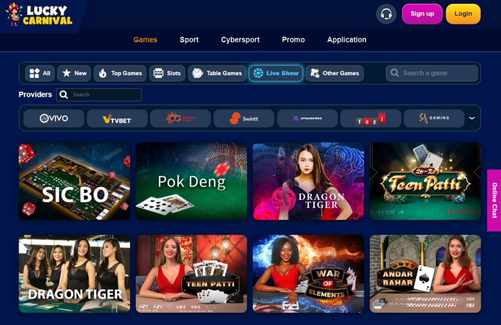 Live casino section at Lucky Carnival Casino