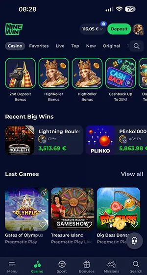 NineWin Casino main mobile page