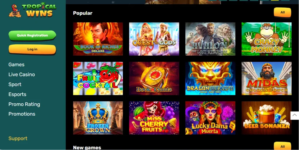 Top games by Tropical Wins Casino