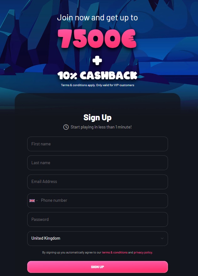 Sign up page on Seven Casino