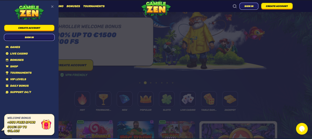 GambleZen casino navigation