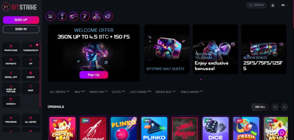 Explore home page at Bitstrike Casino
